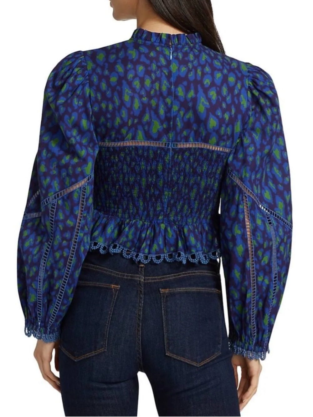 Farm Rio Leopard Pop Smocked Peplum Blouse Long Puff Sleeve Boho Top Size Medium - Picture 3 of 16